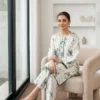 White Printed Arabic Lawn Kurta Set for Women 2 Pcs
