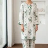 White Printed Arabic Lawn Kurta Set for Women 2 Pcs
