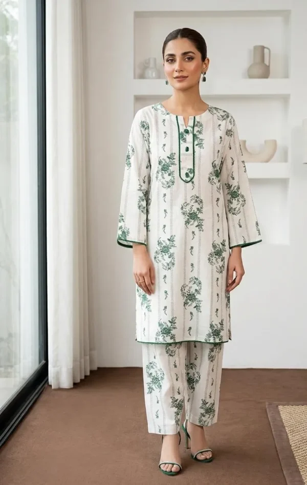 White Printed Arabic Lawn Kurta Set for Women 2 Pcs