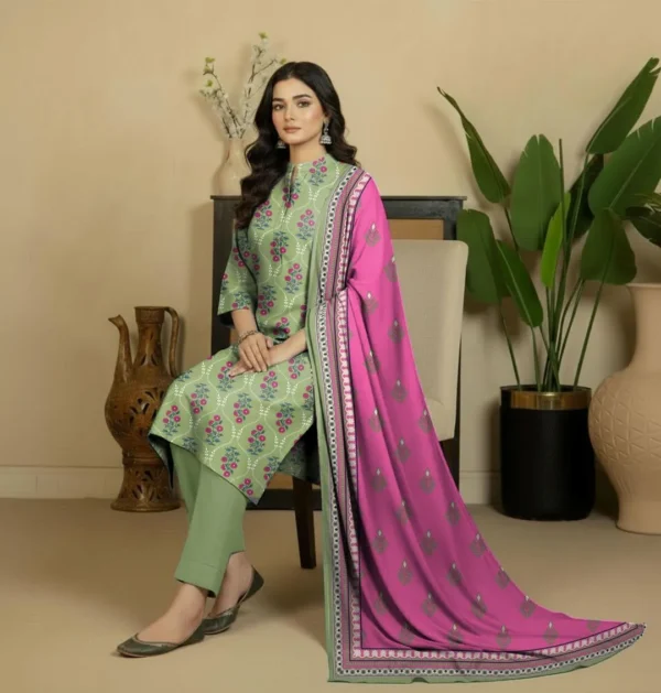 Green Printed Dobby Lawn 3Pcs Suit Set