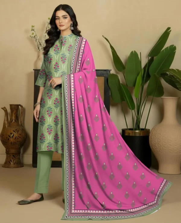 Green Printed Dobby Lawn 3Pcs Suit Set