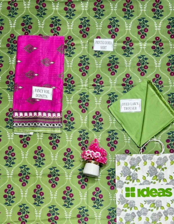 Green Printed Dobby Lawn 3Pcs Suit Set