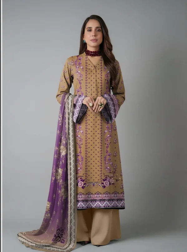 Purple Embroidered Kurta Set with Shawl for Women