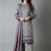 Grey Printed Dobby Lawn 3Pcs Women Suit