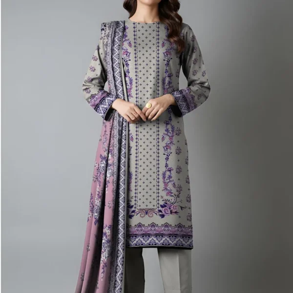 Grey Printed Dobby Lawn 3Pcs Women Suit