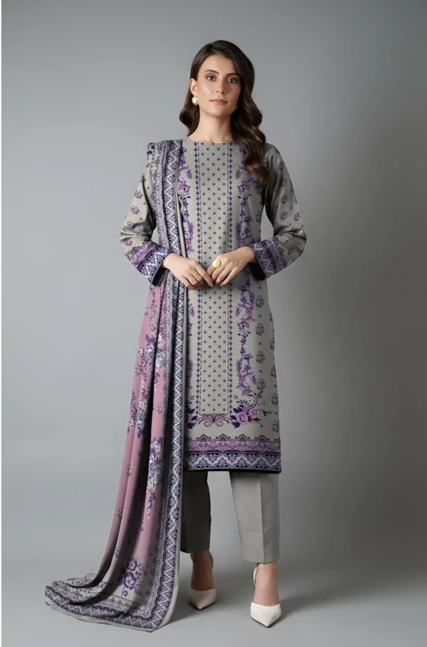 Grey Printed Dobby Lawn 3Pcs Women Suit