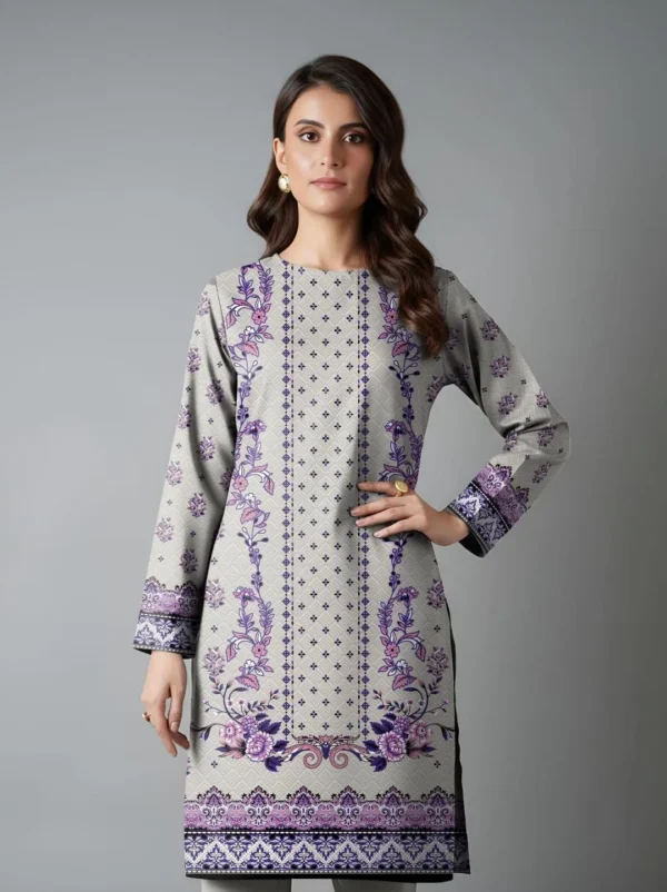 Grey Printed Dobby Lawn 3Pcs Women Suit