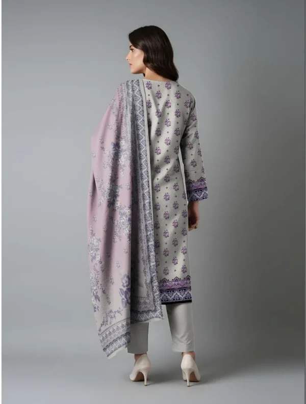 Grey Printed Dobby Lawn 3Pcs Women Suit