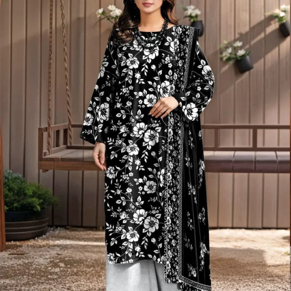 Black Floral Kurta Set with Grey Pants & Scarf