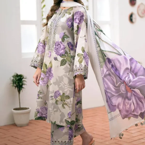 Women 3Pcs Swiss Lawn Grey Suit with Dupatta
