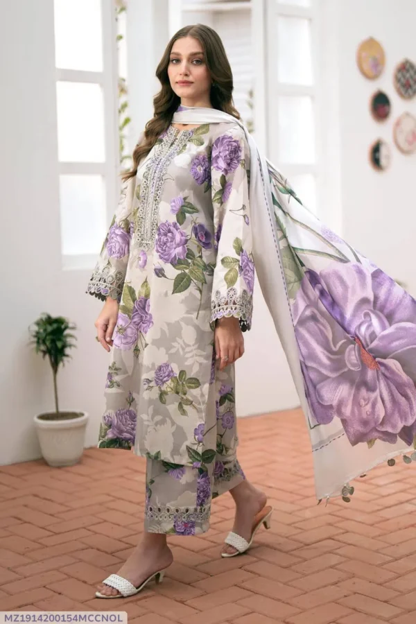 Women 3Pcs Swiss Lawn Grey Suit with Dupatta