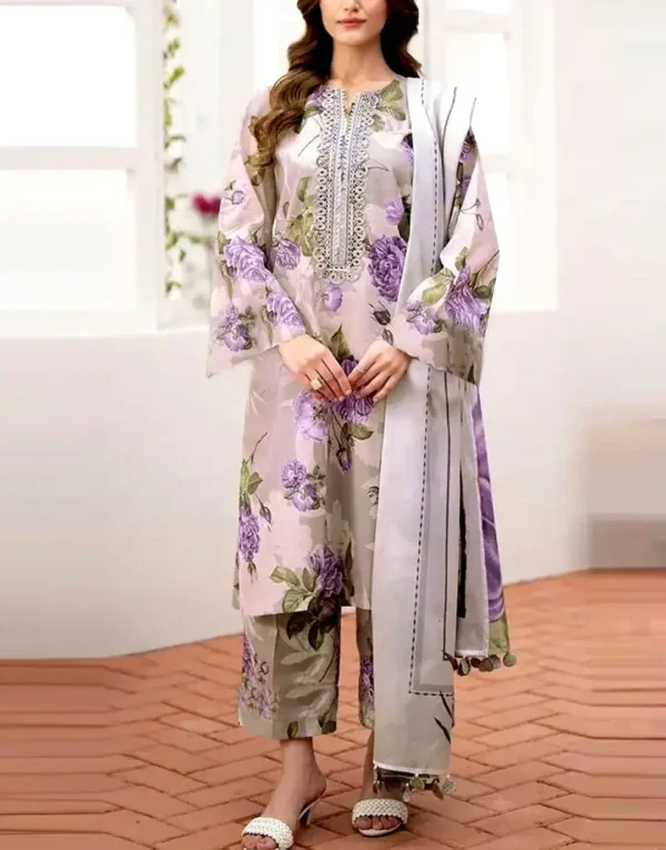 Women 3Pcs Swiss Lawn Grey Suit with Dupatta