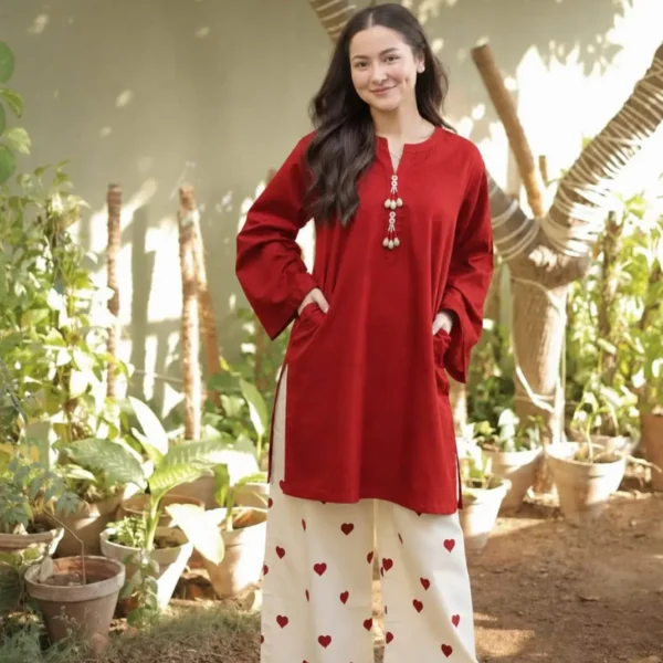 2 Pcs Women's Stitched Cotton Plain Shirt And Trouser