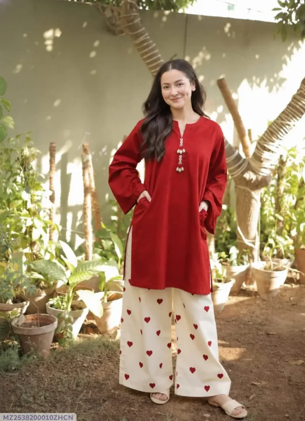 2 Pcs Women's Stitched Cotton Plain Shirt And Trouser
