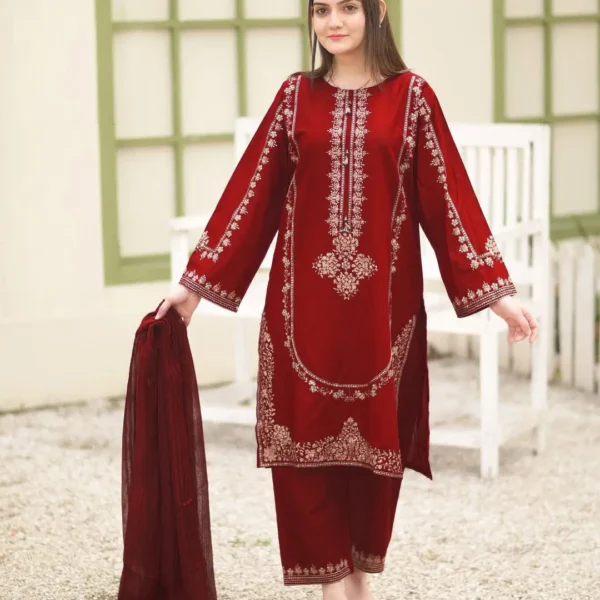 3 Pcs Women's Stitched Shamoz Silk Sequins Embroidered Suit