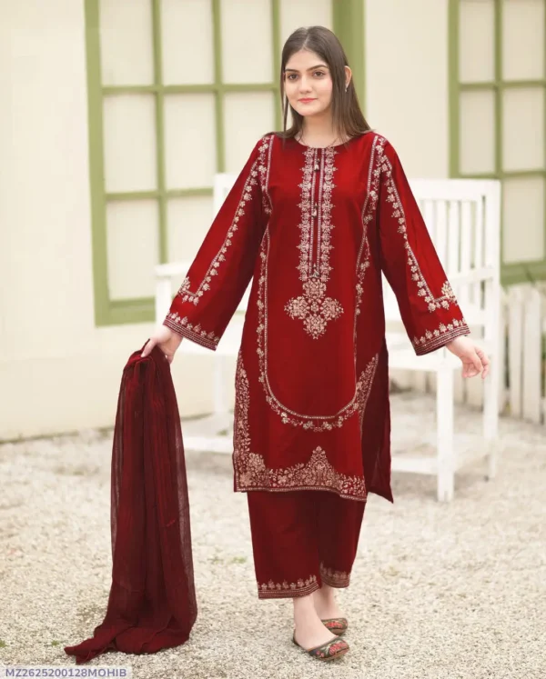 3 Pcs Women's Stitched Shamoz Silk Sequins Embroidered Suit