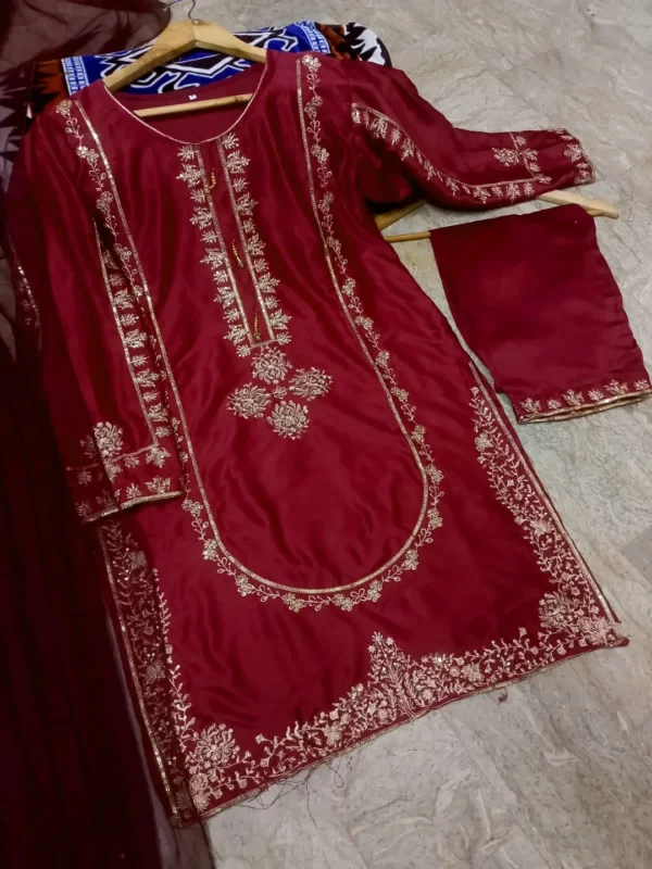 3 Pcs Women's Stitched Shamoz Silk Sequins Embroidered Suit