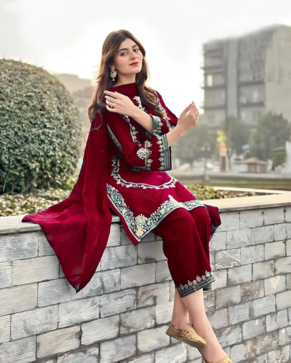3 Pcs Women's Stitched Shamoz Silk Sequins Embroidered Suit
