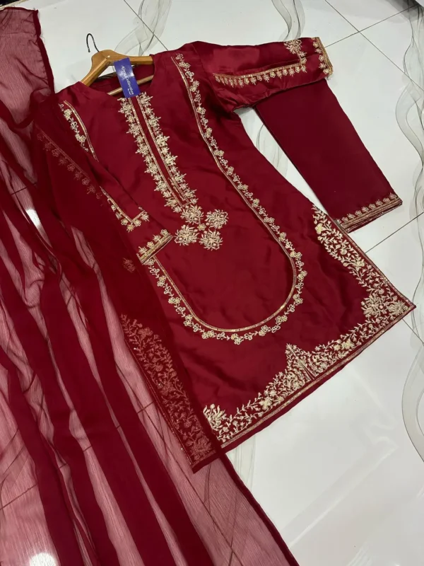 3 Pcs Women's Stitched Shamoz Silk Sequins Embroidered Suit