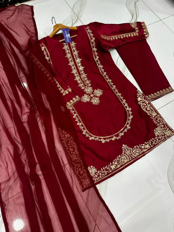 3 Pcs Women's Stitched Shamoz Silk Sequins Embroidered Suit