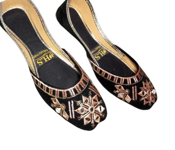 Women's Embroidered PU Khussa Black Gold