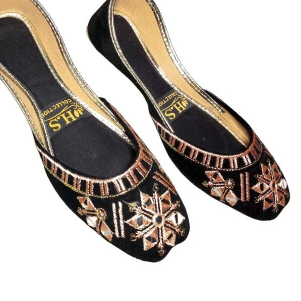 Women's Embroidered PU Khussa Black Gold