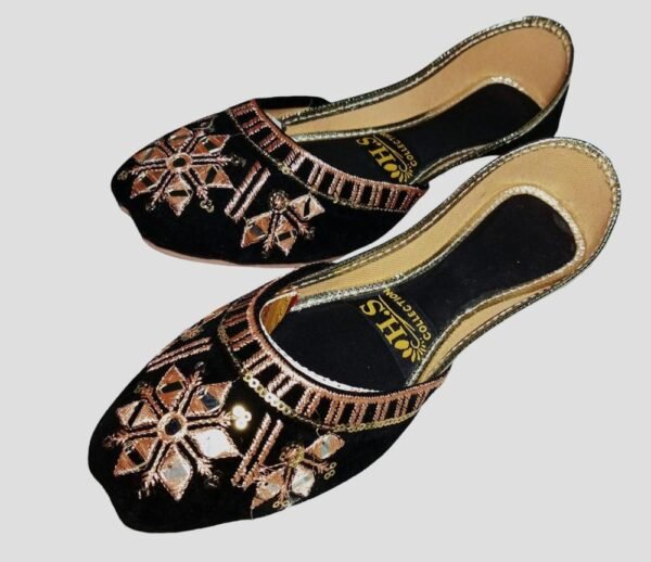 Women's Embroidered PU Khussa Black Gold