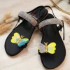 Women Butterfly Rhinestone Flat Sandals Black
