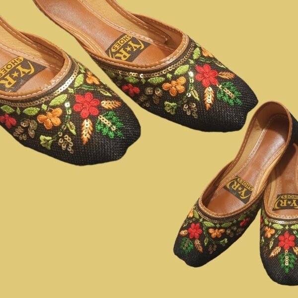 Women PU Leather Embroidered Khussas Red Green Gold