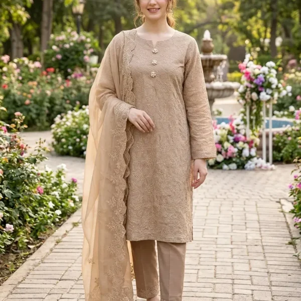 Beige Embroidered Kurta Set for Women