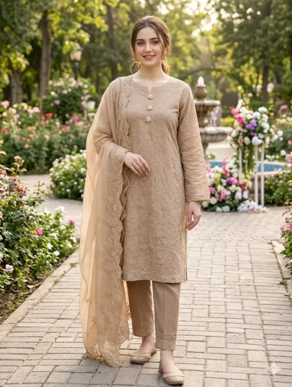 Beige Embroidered Kurta Set for Women