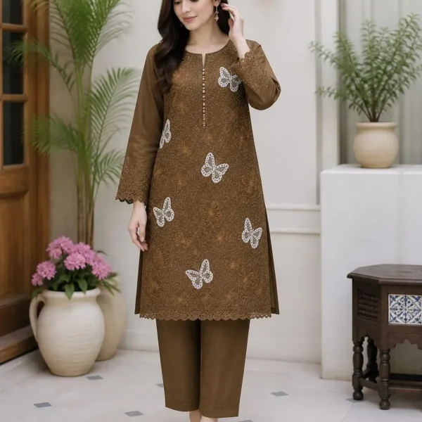 Brown Embroidered Lawn 2Pcs Kurta Set