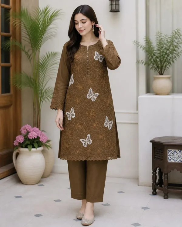 Brown Embroidered Lawn 2Pcs Kurta Set