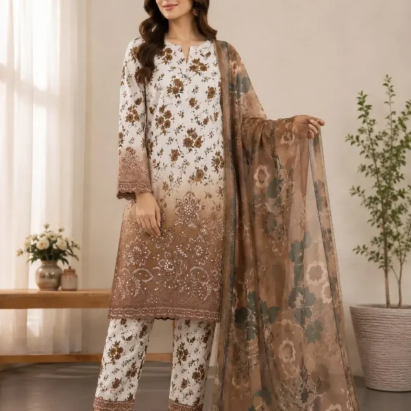 Brown Printed Lawn 3Pcs Women Suit Set