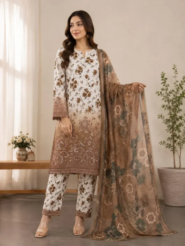 Brown Printed Lawn 3Pcs Women Suit Set
