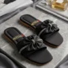 Black Rhinestone Bow Flat Sandals for Women