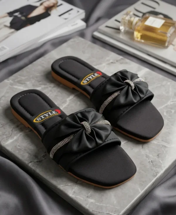 Black Rhinestone Bow Flat Sandals for Women