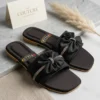 Black Rhinestone Bow Flat Sandals for Women