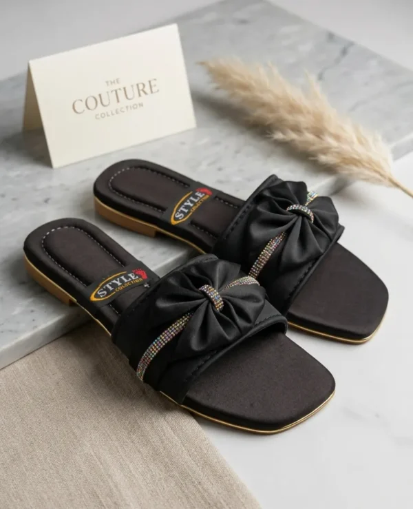 Black Rhinestone Bow Flat Sandals for Women