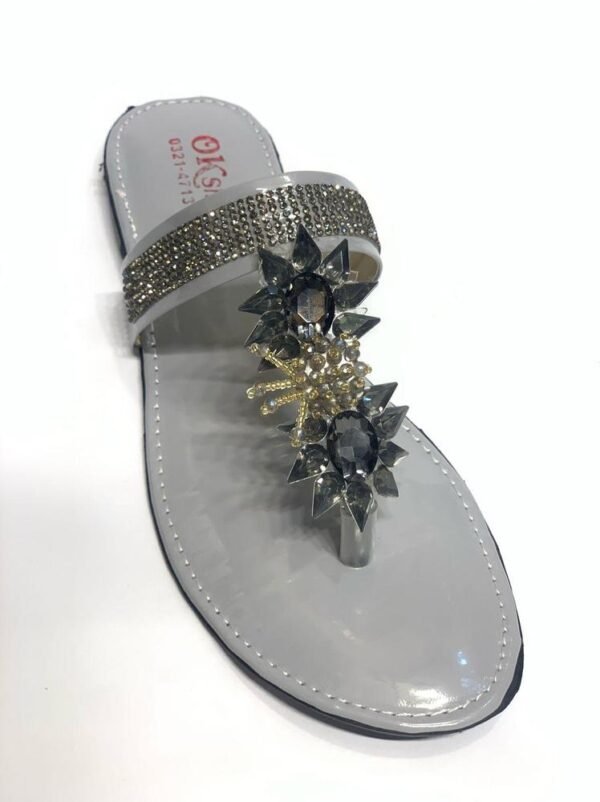 Women's Grey Rexine Flat Flats with Gemstones