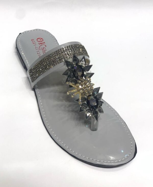 Women's Grey Rexine Flat Flats with Gemstones