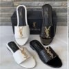 White Saint Laurent Paris Mules with Gold Logo