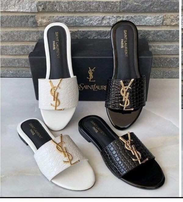White Saint Laurent Paris Mules with Gold Logo
