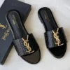 Black YSL Logo Women's Flat Slippers