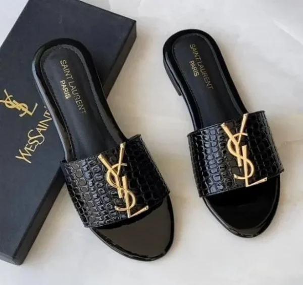 Black YSL Logo Women's Flat Slippers