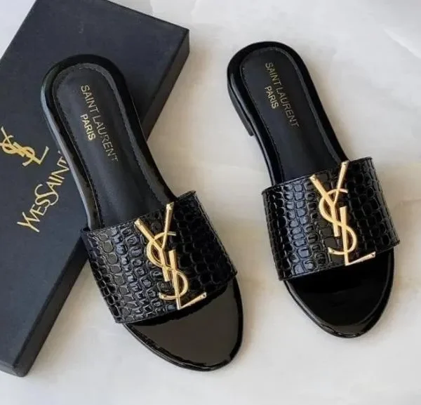 Black YSL Logo Women's Flat Slippers