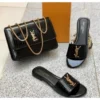 Black YSL Logo Women's Flat Slippers