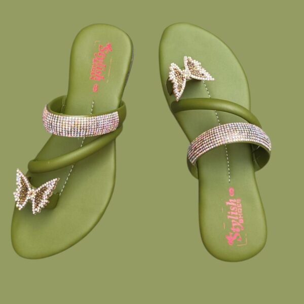 Women Glitter PU Leather Flats Green Butterfly Design
