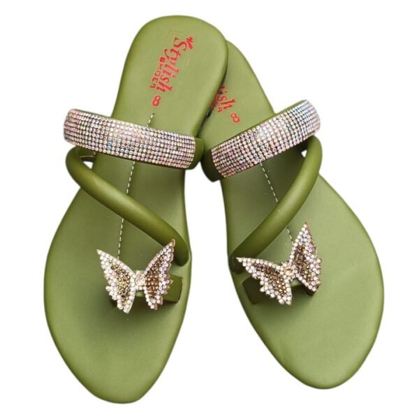 Women Glitter PU Leather Flats Green Butterfly Design