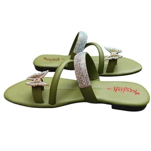 Women Glitter PU Leather Flats Green Butterfly Design